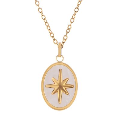 Stainless Steel Necklace with 18K Gold Plated Starburst Pendant, Mother of Pearl Inlay, Adjustable Chain, Unique Design