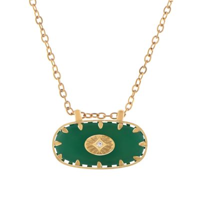 Stainless Steel Necklace with 18K Gold Plated Pendant, Green Natural Stone Inlay, Adjustable Chain, Unique Design