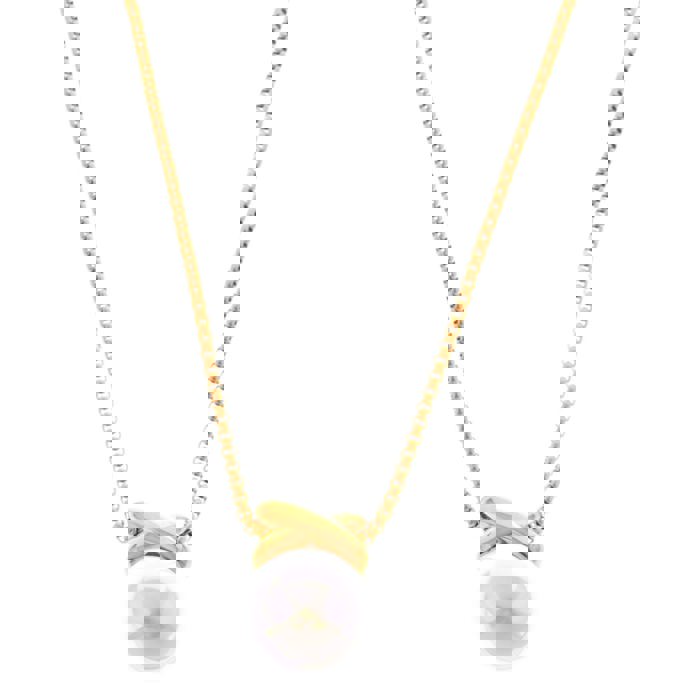 Gold Tone Pendant Necklace with Faux Pearl Drop and X Charm - Gold