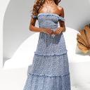 Blue Large Off Shoulder Maxi Dress with Floral Print and Tiered Skirt