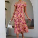 Pink Medium Off Shoulder Maxi Dress with Floral Print and Tiered Skirt