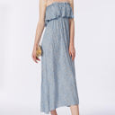 Blue Medium Strapless Maxi Dress with Ruffle Bodice and Tropical Leaf Print