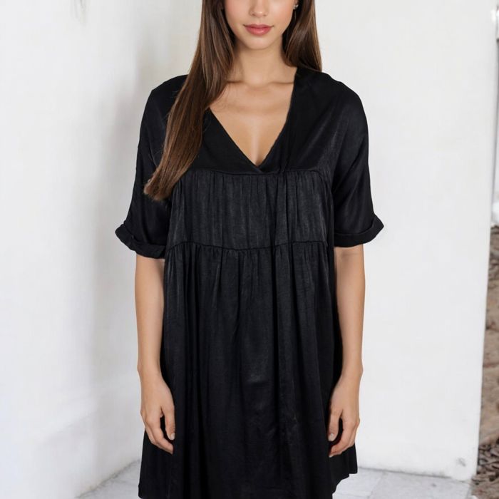 V-Neck Short Sleeve Babydoll Dress with Flowing Silhouette