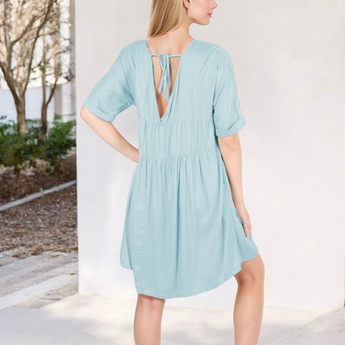 V-Neck Short Sleeve Babydoll Dress with Flowing Silhouette