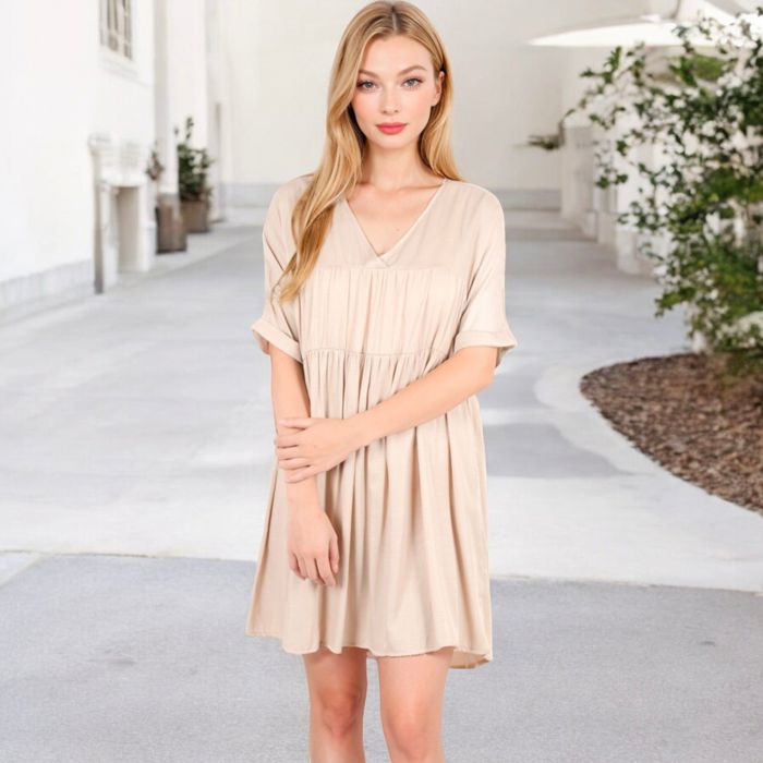 V-Neck Short Sleeve Babydoll Dress with Flowing Silhouette