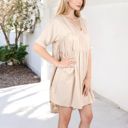 Beige Small V-Neck Short Sleeve Babydoll Dress with Flowing Silhouette