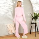 Pink Small Women's Ribbed Button-Down Long Sleeve Top and Wide-Leg Pants Lounge Set