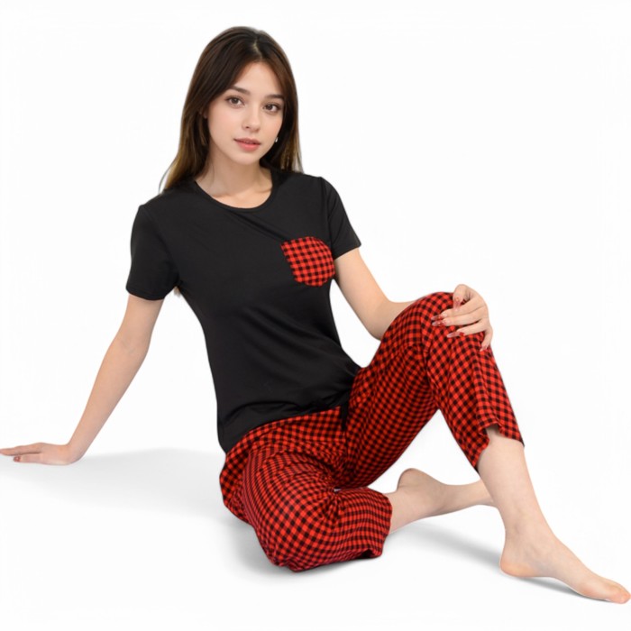 Women's Holiday Plaid Pajama Set with Short Sleeve Tie-Front Top and Elastic Waist Pants