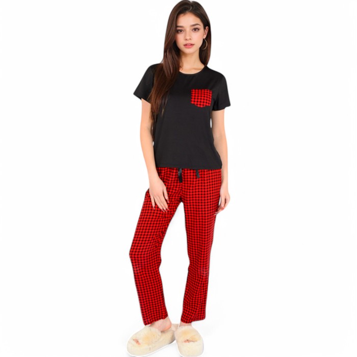 Women's Holiday Plaid Pajama Set with Short Sleeve Tie-Front Top and Elastic Waist Pants