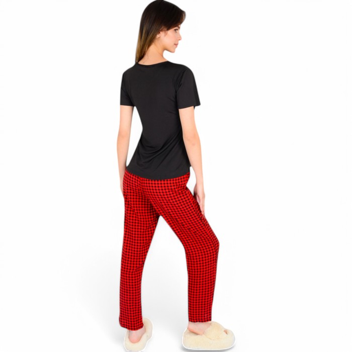 Women's Holiday Plaid Pajama Set with Short Sleeve Tie-Front Top and Elastic Waist Pants