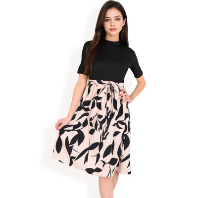 Women's High Neck Short Sleeve Dress with Contrast Leaf Print A-Line Skirt and Tie Waist