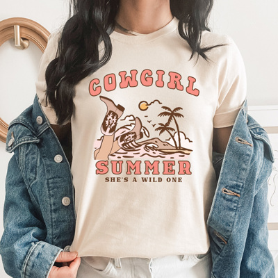 Cowgirl Summer Beach Graphic Tee, She's A Wild One Shirt, Western Beach Shirt
