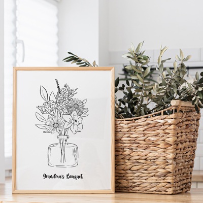Birth Flower Bouquet Sketched Unframed Print | Up to 6 Flowers