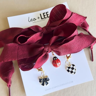 Burgundy Shoelaces with Ladybug, Bow, and Heart Charm Set