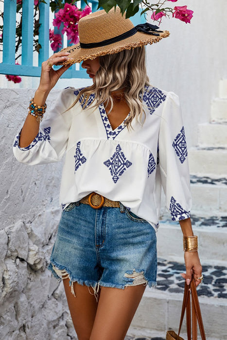 Love Kuza Moroccan Blue in White Blouse