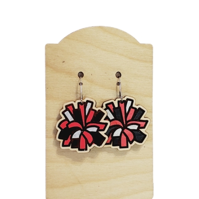 Hand Painted Red Black Silver Cheerleader Pom Earrings