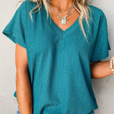 Crinkled Textured Wide Sleeve T Shirt Top