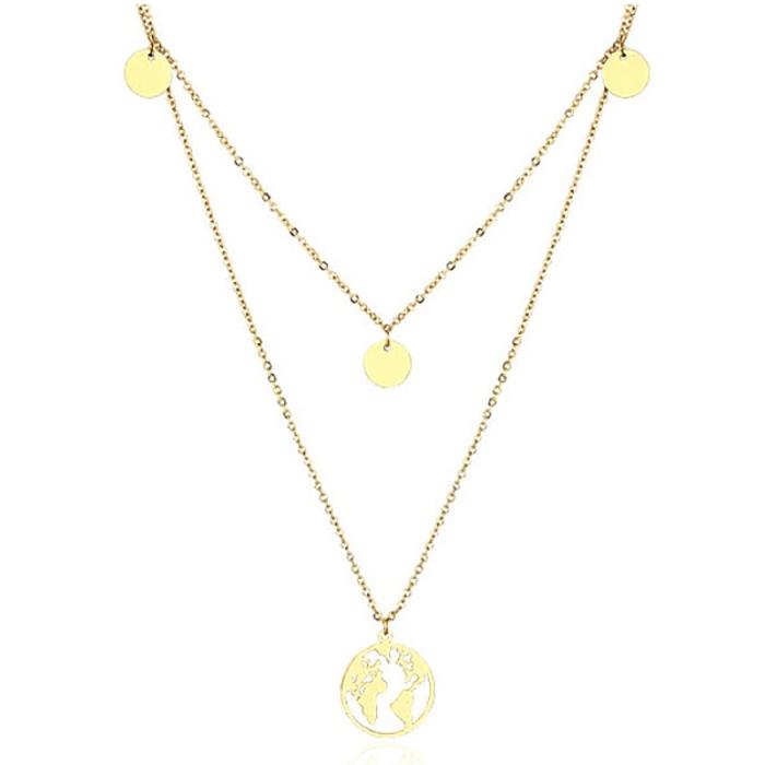 World Map Layered Necklace - Stainless Steel