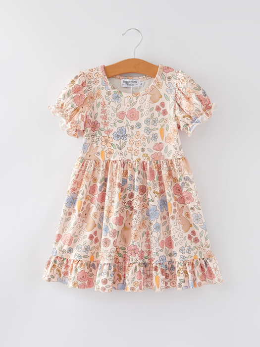 Girls Easter Bunny Floral Puff Sleeves Dress