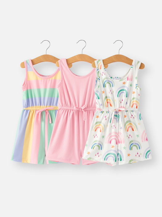 Girls Rainbow Striped Milk Silk 3-piece Jumpsuit Set
