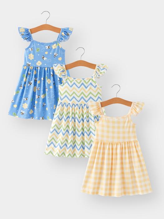 Summer Toddler Bee Striped Dress Three-Piece Set