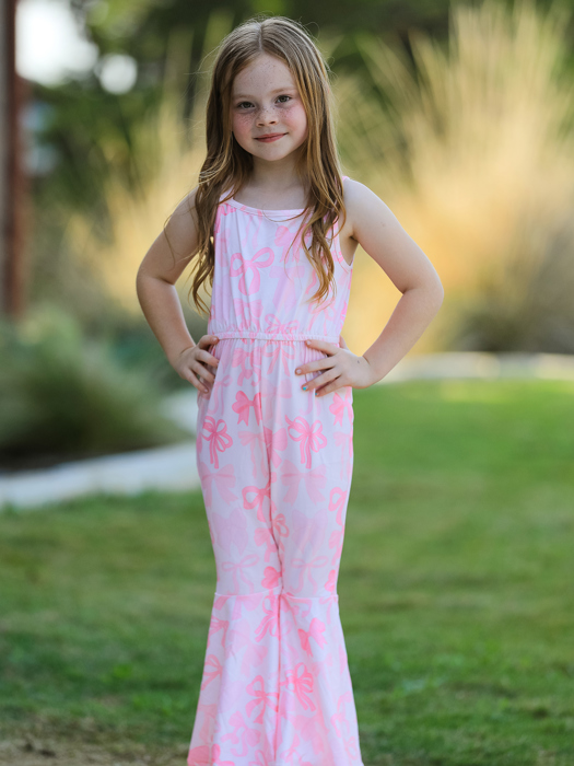 Toddler Pink Bow Print Sling Flared Jumpsuit