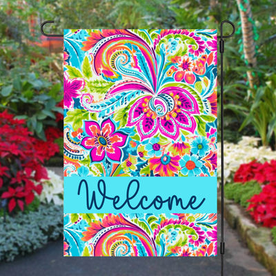 Garden Flag - Welcome Blue and Fuchsia