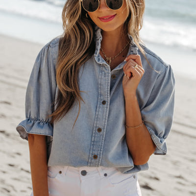 Aya Ruffle Short Puff Sleeve Summer Chambray Top