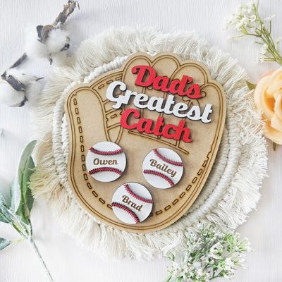 Dad's Greatest Catch Personalized Baseball Sign | Father's Day Gift | Kids Name Wood Sign | Gifts For Him